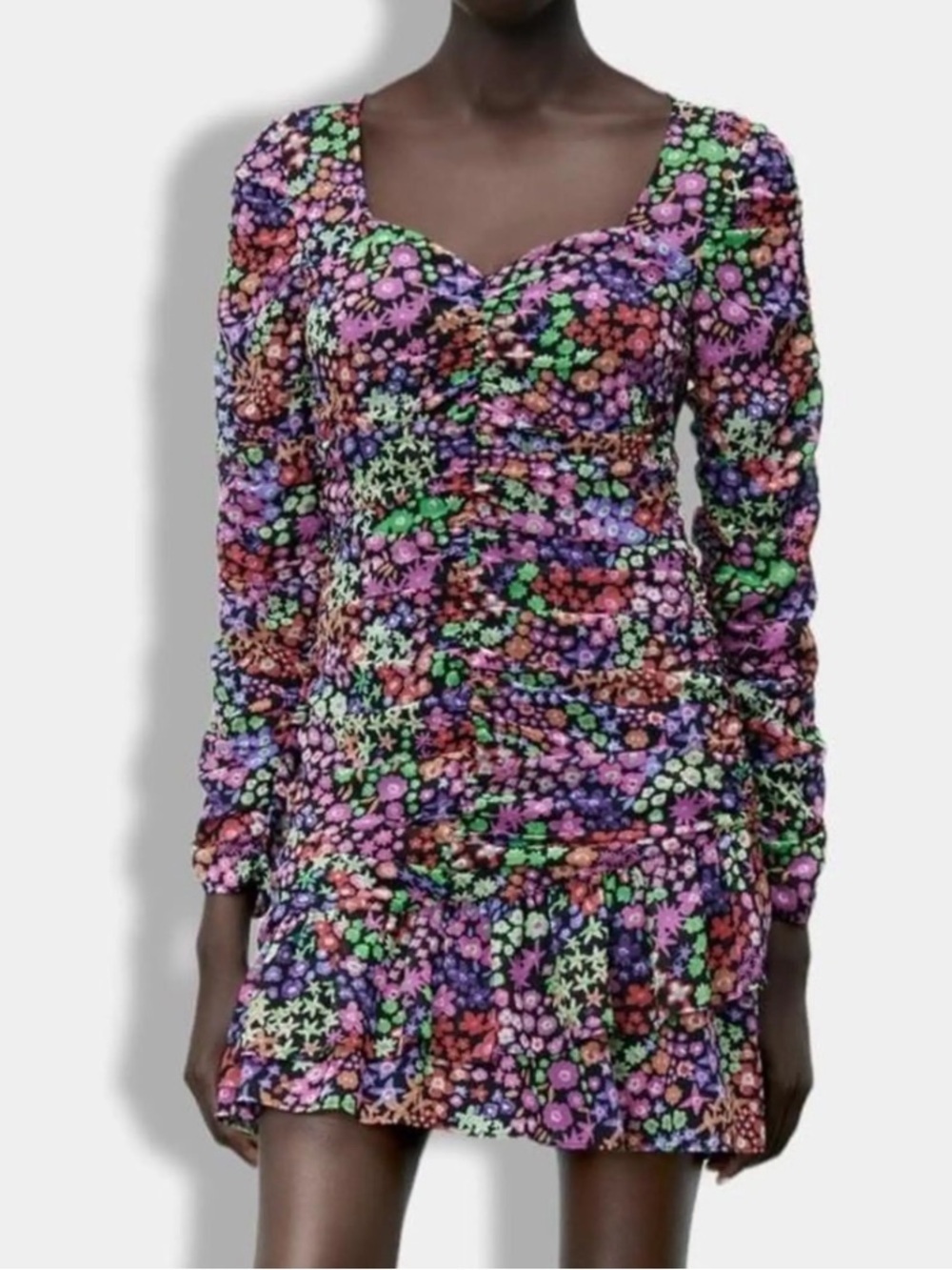 Zara Floral Retro Long Sleeve Mini Dress Size Small